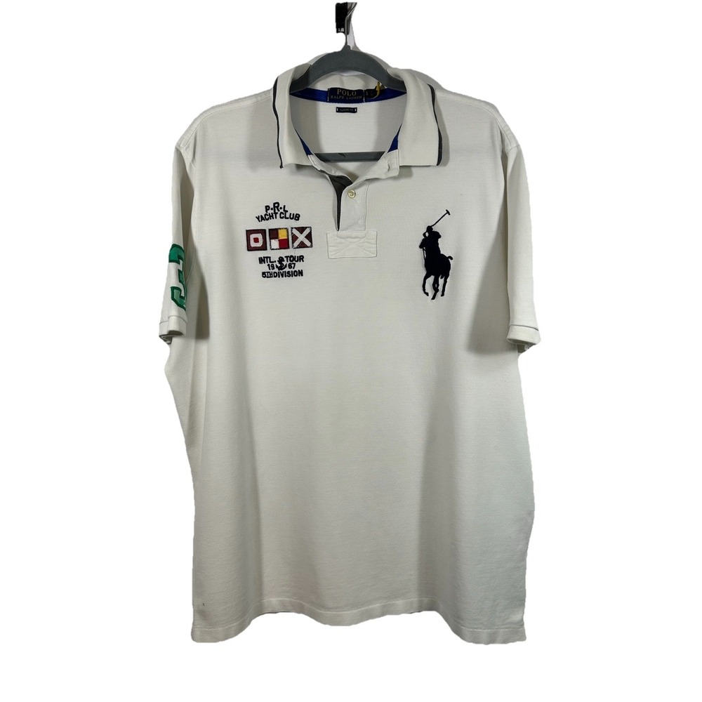 POLO RALPH LAUREN Polo Shirt Men's L Big Pony White Yacht Club Nautical Preppy